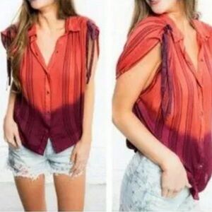 Free People Orange Purple Striped Top M Boho Tie Sleeve Button Down Blouse